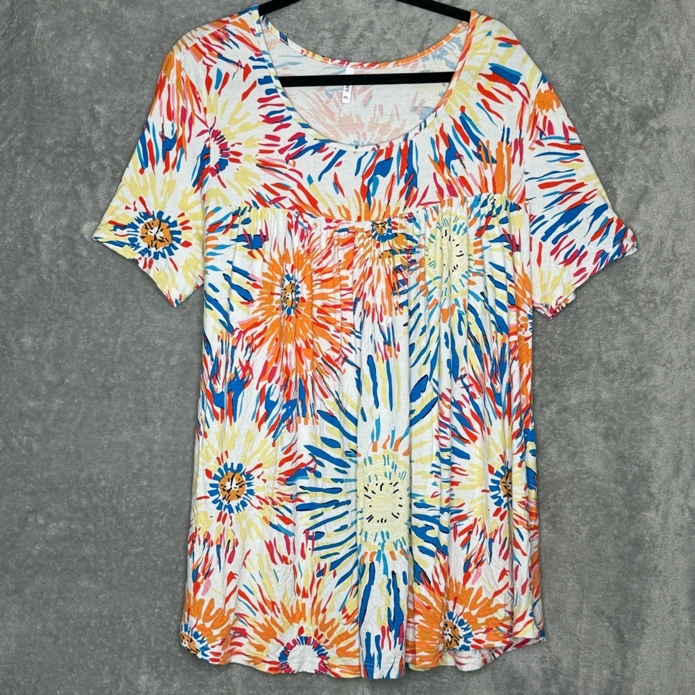 Cathy 4XL Shirt Top Orange Yellow Floral‎ Flower Short Sleeve Scoop Neck Stretch